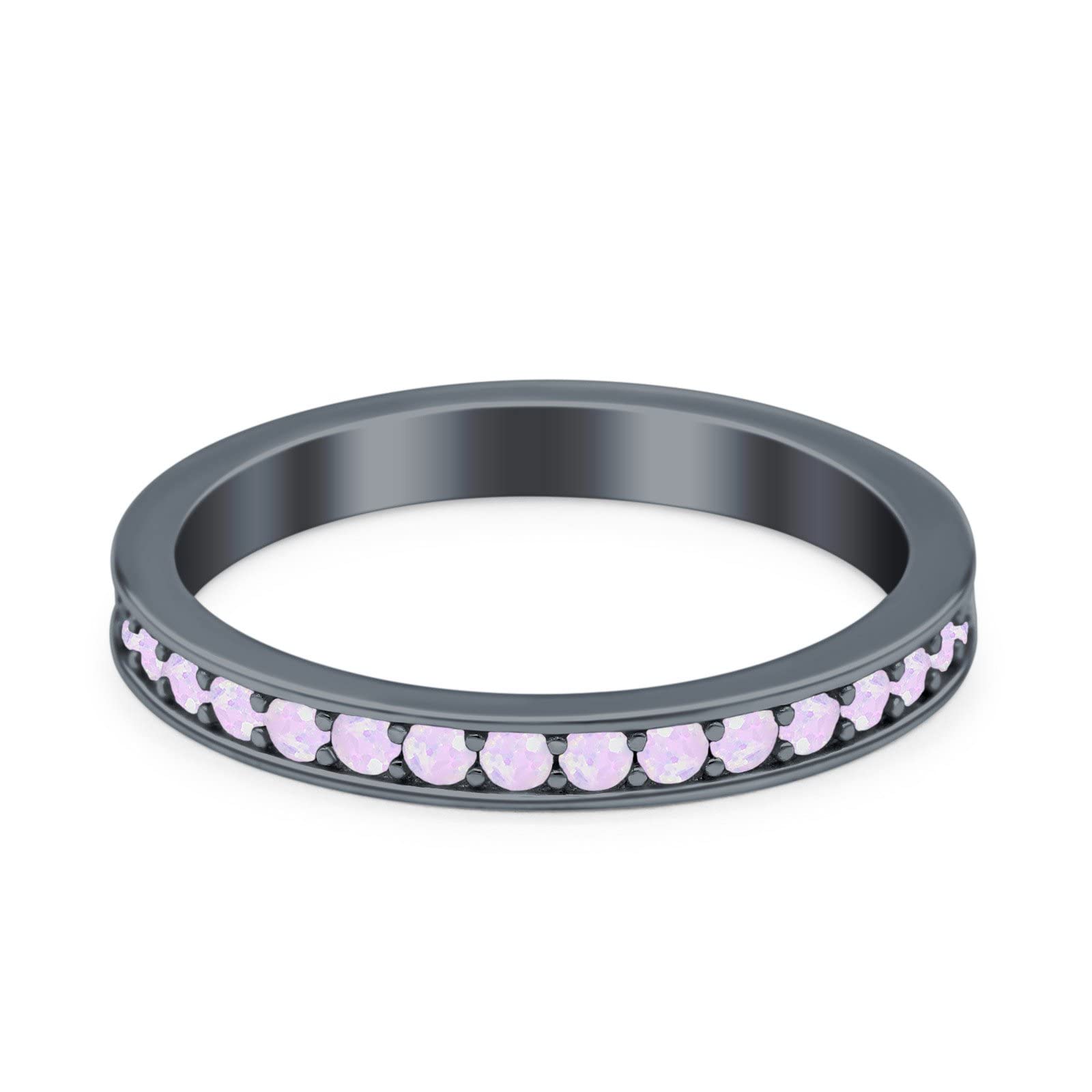 Black Tone, Lab Created Pink Opal Size-5 Full Eternity Stackable Band Wedding Engagement Bridal Ring CZ 925 Sterling Silver