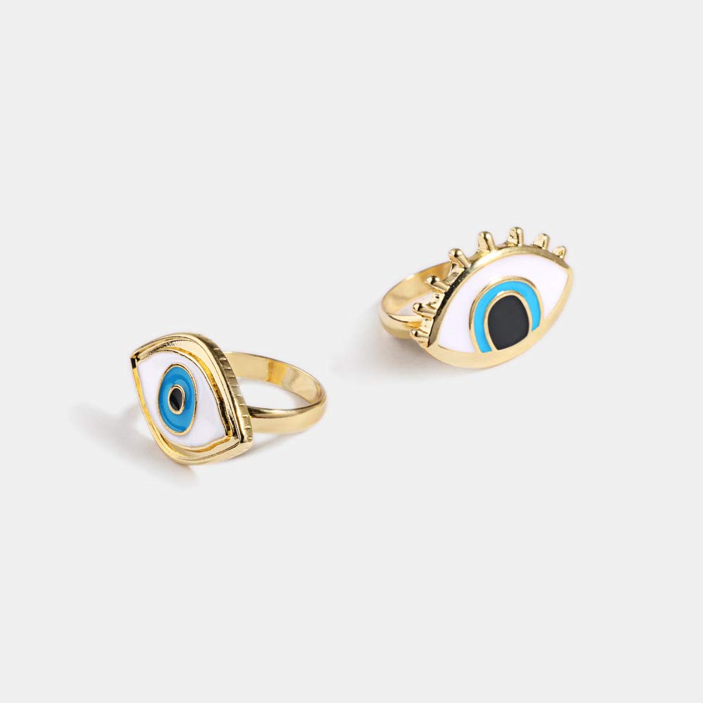 HUJUON 2 Pieces Gold Evil Eye Rings Set Asymmetry Evil Eye Finger Stackable Ring Blue Eye Protection Lucky Jewelry for Women (Blue)