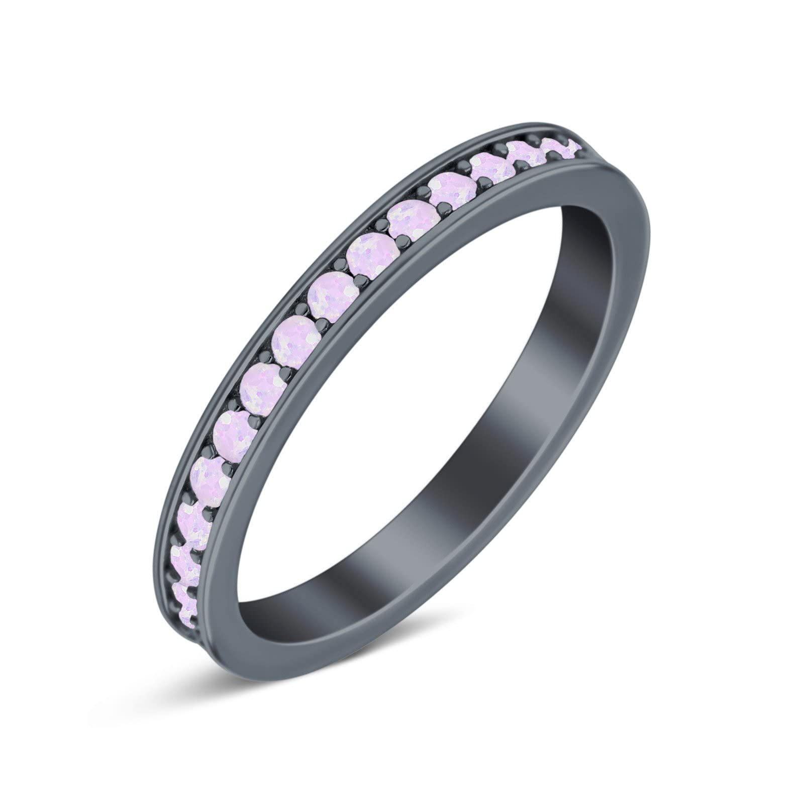 Black Tone, Lab Created Pink Opal Size-5 Full Eternity Stackable Band Wedding Engagement Bridal Ring CZ 925 Sterling Silver