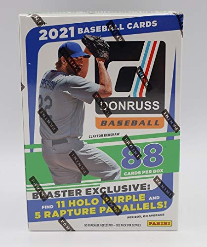 2021 Panini Donruss MLB Baseball Blaster Box - 11 Packs of 8 Cards - 11 Holo Purple and 5 Rapture Parallels per Box on Avg.