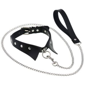 jnket punk hauling chain pu leather collar necklace neck strap gothic nightclub goth leash belts adjustable size (black)