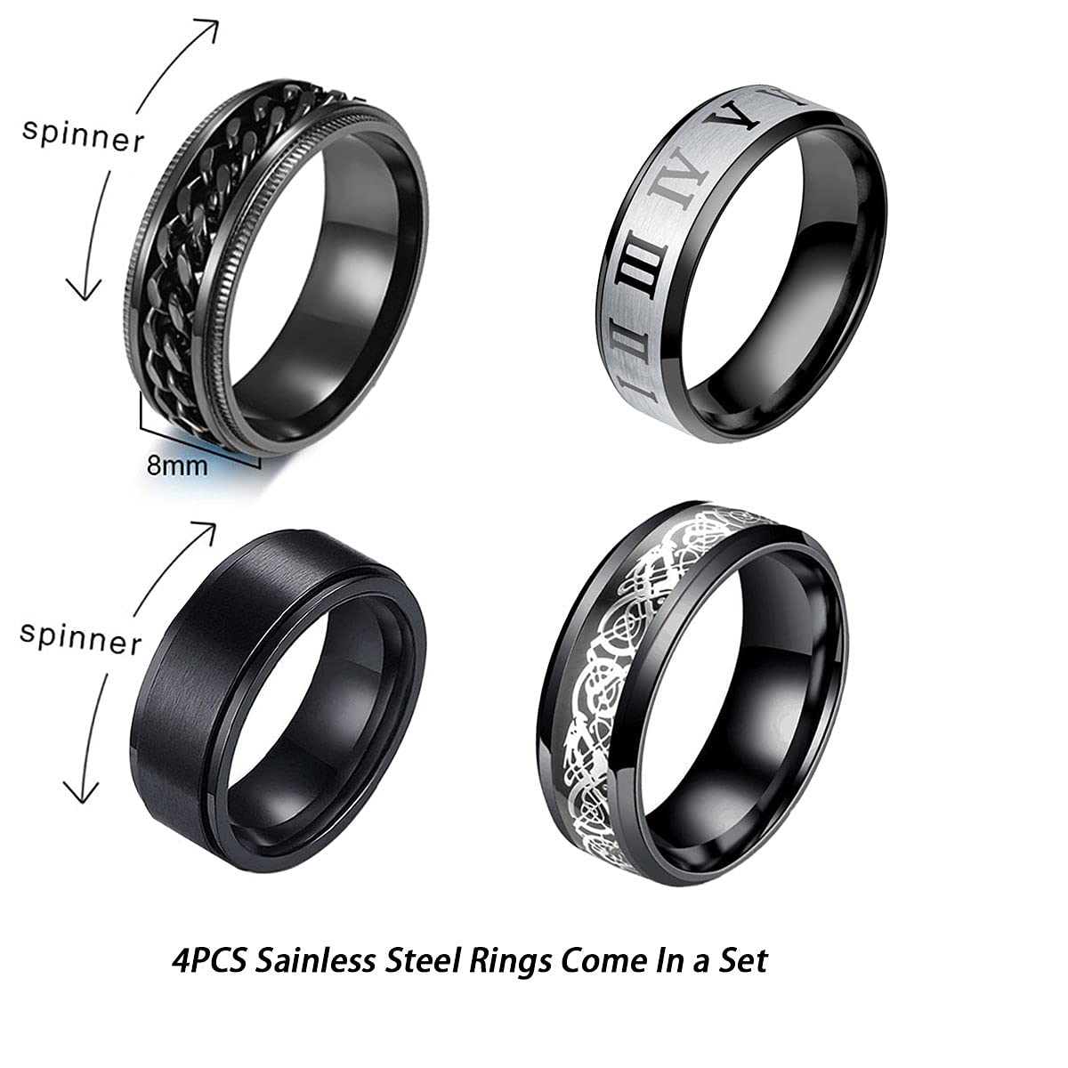 yfstyle 4PCS Stainless Steel Rings for Men Wedding Ring Cool Simple Band Rings for Men Black Plated Matte Finish Stackable Bands Rings Size 6-12-black set-8