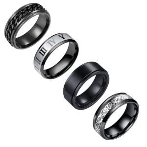 yfstyle 4PCS Stainless Steel Rings for Men Wedding Ring Cool Simple Band Rings for Men Black Plated Matte Finish Stackable Bands Rings Size 6-12-black set-8