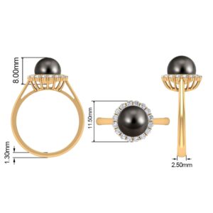 Black Cultured Pearl Halo Cocktail Ring for Women, 8 mm Round, AAA Quality, June Birthstone Jewelry, 14K White Gold, Size:US 10.00