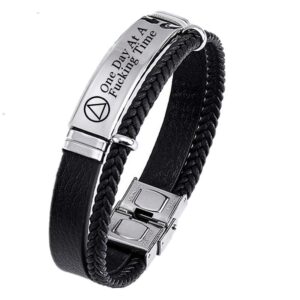 Personalized AA NA Sobriety Gifts for Women Men,Stainless Steel Leather Narcotics Alcoholics Anonymous Addiction Bracelets Bangle,Inspired One Day At A Time Sober Recovery Jewelry for Her Him