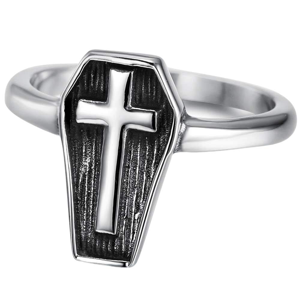 Jude Jewelers Stainless Steel Christian Cross Coffin Shape Religious Prayer Cocktail Party Halloween Biker Ring (Silver, 6)