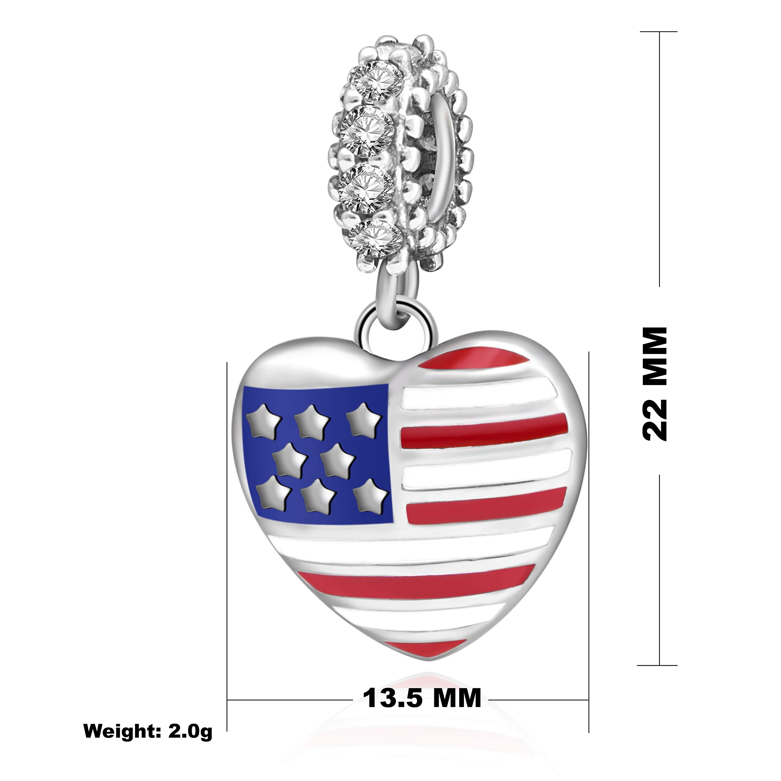 ABUN American USA Flag Heart Charms 925 Sterling Silver Patriotic Love Beads Fits European Charms Bracelet (Dangling Heart)