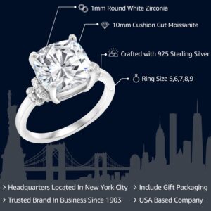 925 Sterling Silver Forever Classic Moissanite from Charles & Colvard Engagement Ring For Women (5.29 Cttw, Cushion 10MM, Available in size 5, 6, 7, 8, 9)