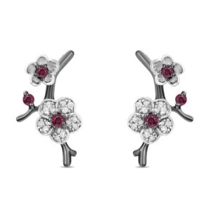 jewelili enchanted disney fine jewelry black rhodium over sterling silver rhodolite garnet and 1/8 cttw natural white diamond mulan earrings