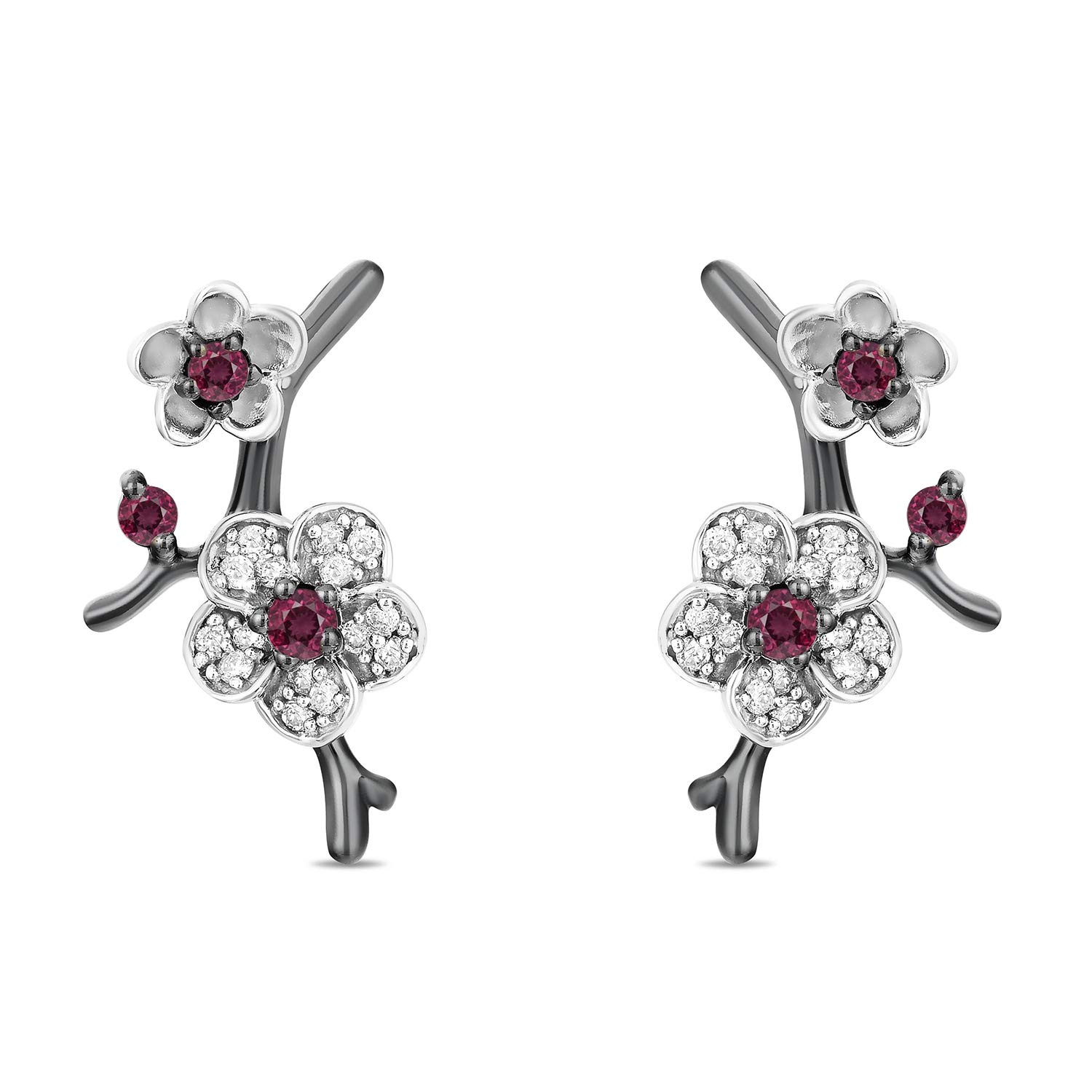 Jewelili Enchanted Disney Fine Jewelry Black Rhodium Over Sterling Silver Rhodolite Garnet and 1/8 CTTW Natural White Diamond Mulan Earrings