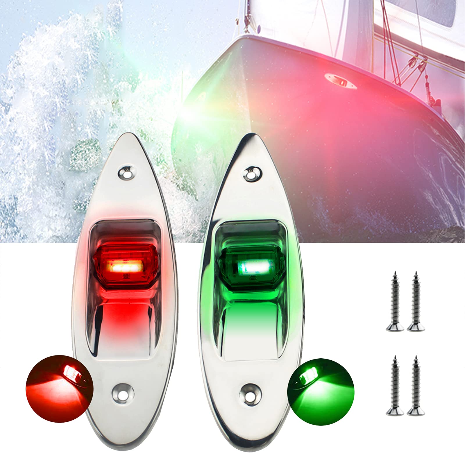 jamgoer Boat Navigation Lights 1 Pair Bow Light Waterproof Led 12V Stainless Marine Signal Sidelight for Pontoon Skiff Yacht (Red & Green)