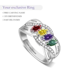 BAUMA AUTO Mothers Ring Personalized Mothers Rings with 4 Simulated Birthstones for Grandmother Mother Meaningful Anniversary Rings for Women Wife