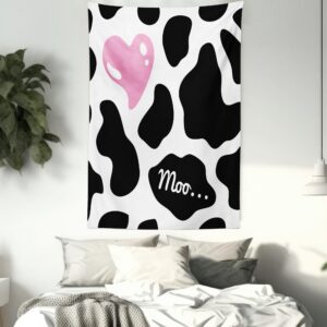 Ambesonne Cow Print Tapestry Twin Size, Camouflage Hide Skin Pattern in Pastel Color Shades Heart Shape Moo, Wall Hanging Bedspread Bed Cover Wall Decor, Twin Size, Pink Black White