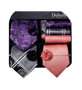 dubulle lot 3 pcs classic men's silk tie set paisley stripe necktie for men pocket square gift box multiple sets,purple black coral