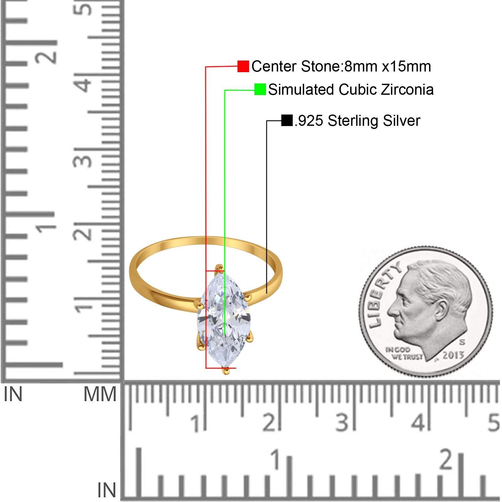 Blue Apple Co. Yellow Tone, Simulated Cubic Zirconia Size-5 Solitaire Wedding Engagement Ring Marquise CZ 925 Sterling Silver