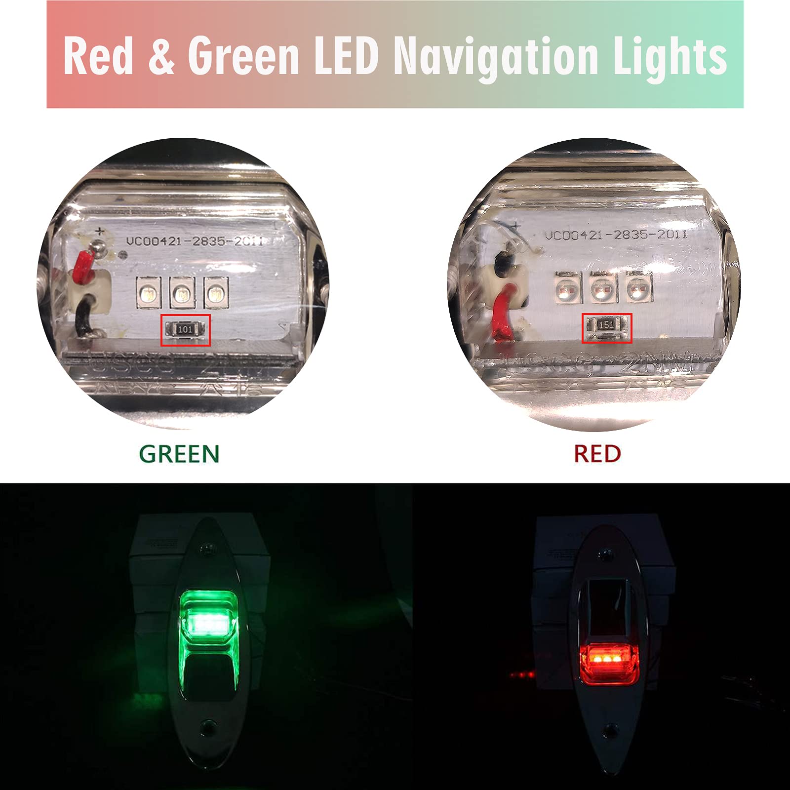 jamgoer Boat Navigation Lights 1 Pair Bow Light Waterproof Led 12V Stainless Marine Signal Sidelight for Pontoon Skiff Yacht (Red & Green)