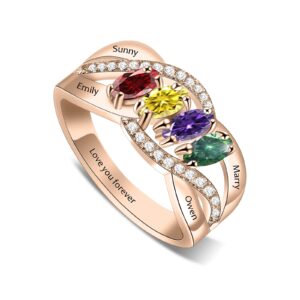 BAUMA AUTO Mothers Ring Personalized Mothers Rings with 4 Simulated Birthstones for Grandmother Mother Meaningful Anniversary Rings for Women Wife