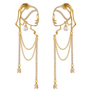 Unique abstract face Art earrings dangle statement long earrings for women rhinestone tassel handwork earrings jewelry fashion chandelier earrings (gold)