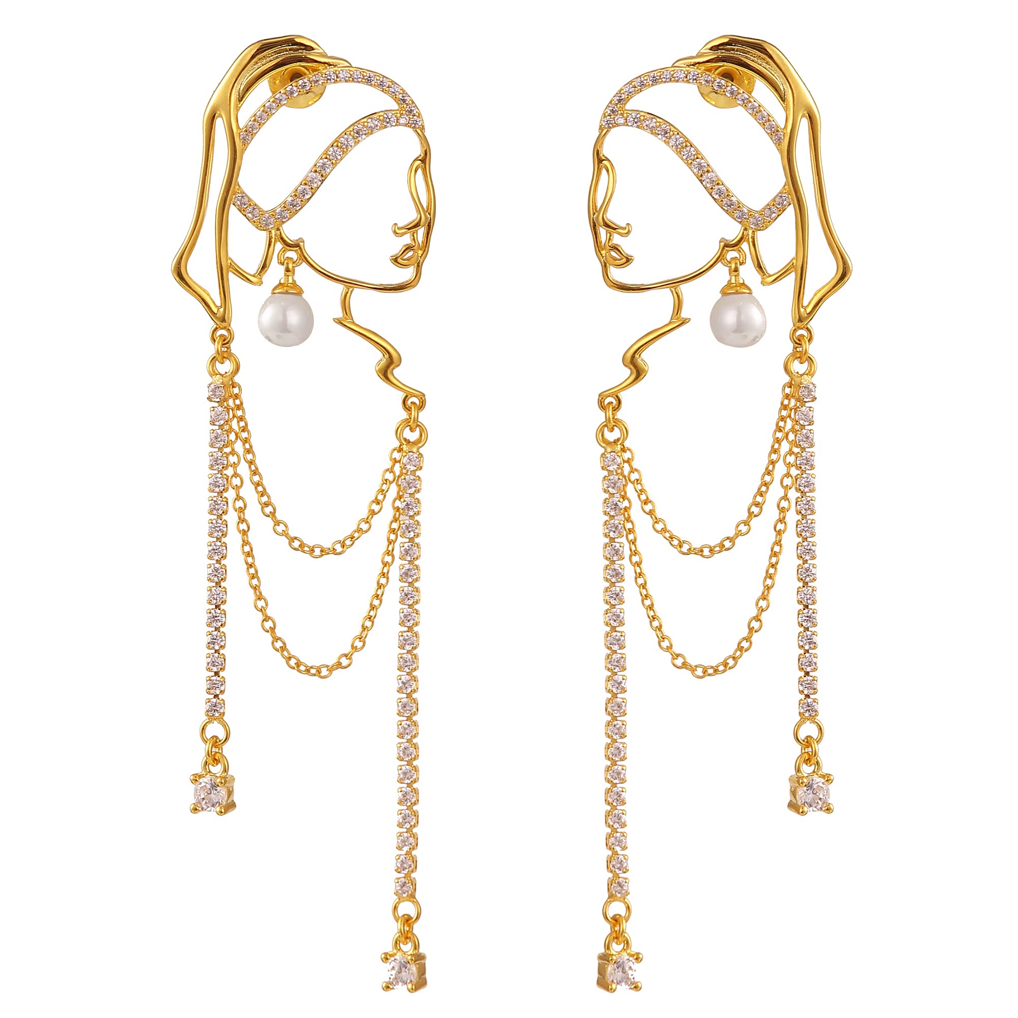 Unique abstract face Art earrings dangle statement long earrings for women rhinestone tassel handwork earrings jewelry fashion chandelier earrings (gold)