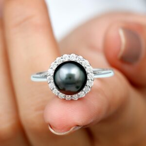 Black Cultured Pearl Halo Cocktail Ring for Women, 8 mm Round, AAA Quality, June Birthstone Jewelry, 14K White Gold, Size:US 10.00