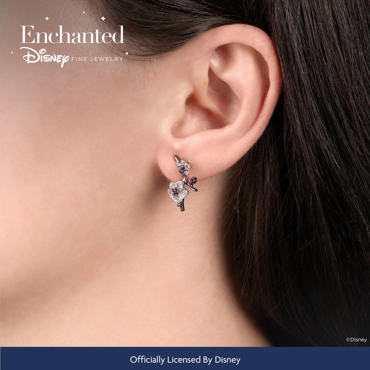 Jewelili Enchanted Disney Fine Jewelry Black Rhodium Over Sterling Silver Rhodolite Garnet and 1/8 CTTW Natural White Diamond Mulan Earrings