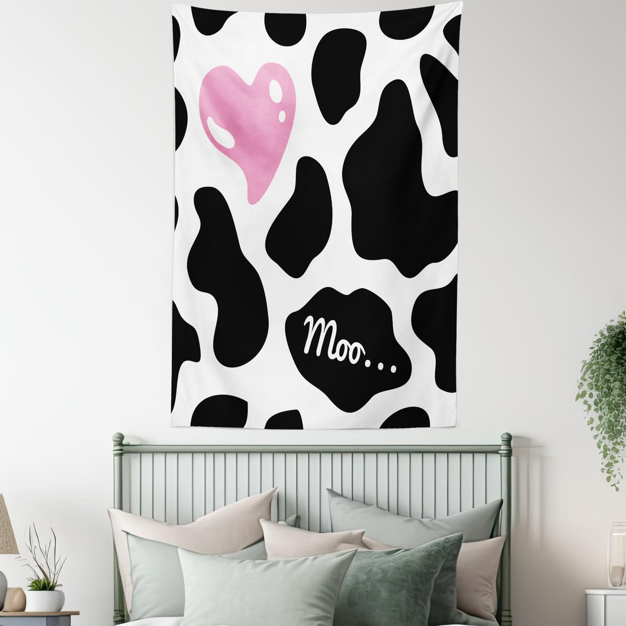 Ambesonne Cow Print Tapestry Twin Size, Camouflage Hide Skin Pattern in Pastel Color Shades Heart Shape Moo, Wall Hanging Bedspread Bed Cover Wall Decor, Twin Size, Pink Black White