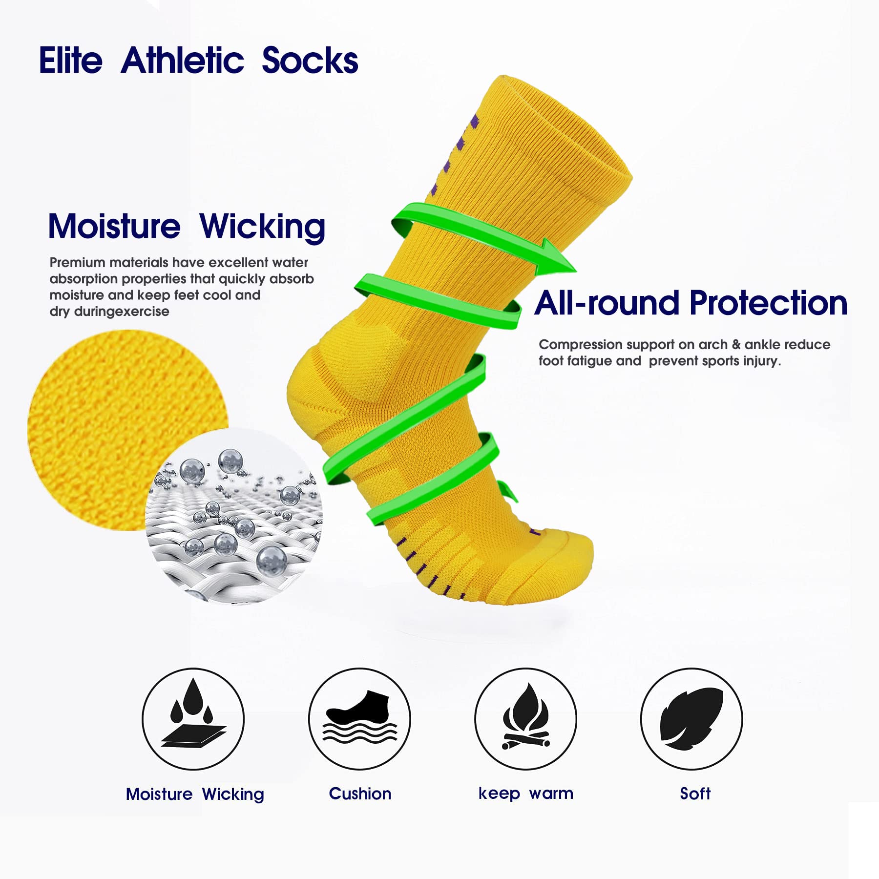 Keskale Elite Basketball Socks, Cushion Crew Athletic Sport Compression Socks for Men Women Youth, Yellow-1 pair, Medium-Large