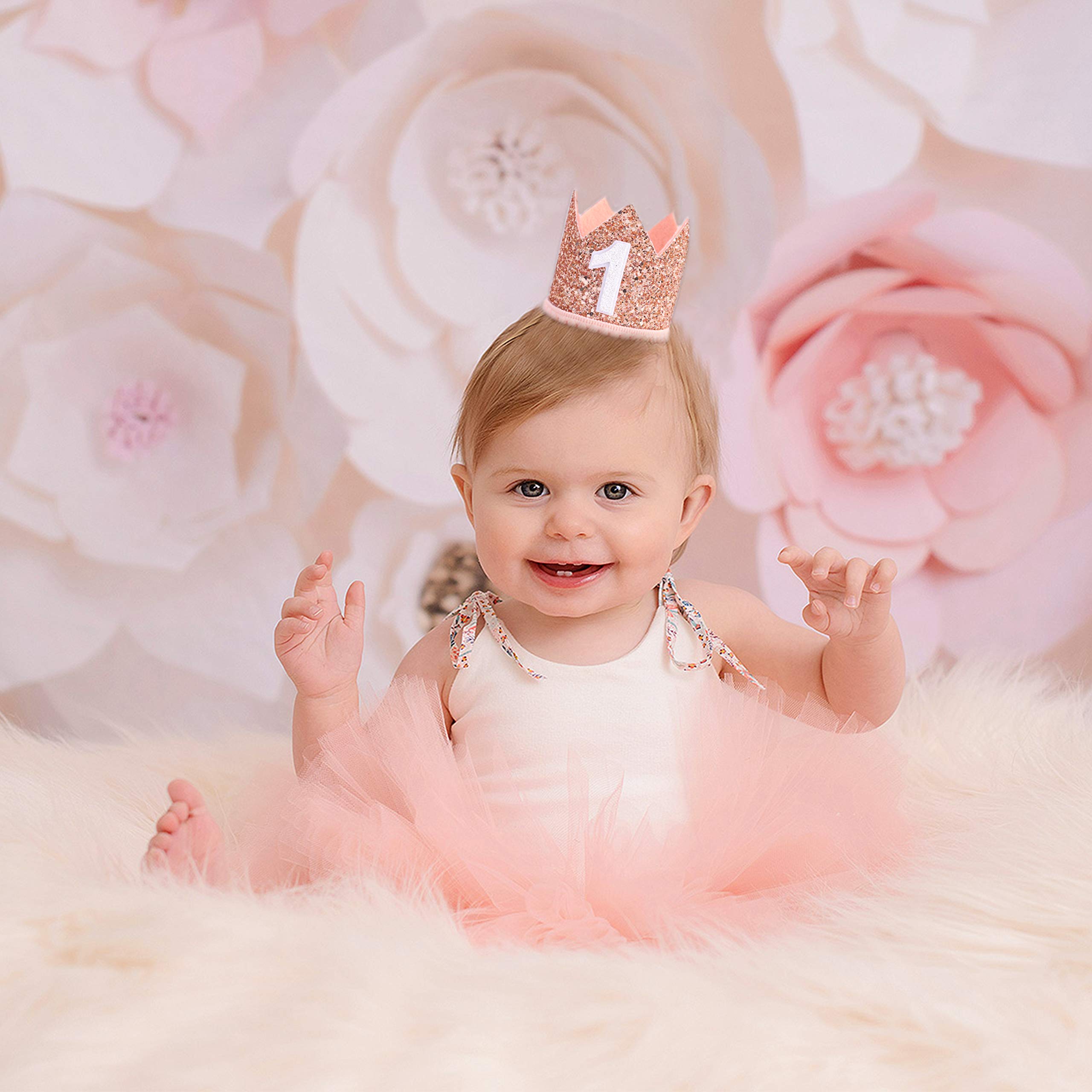 Glitter Birthday Crown - Photo Booth Props, Party Hat for Baby's 1st Birthday (Pink and Gold)