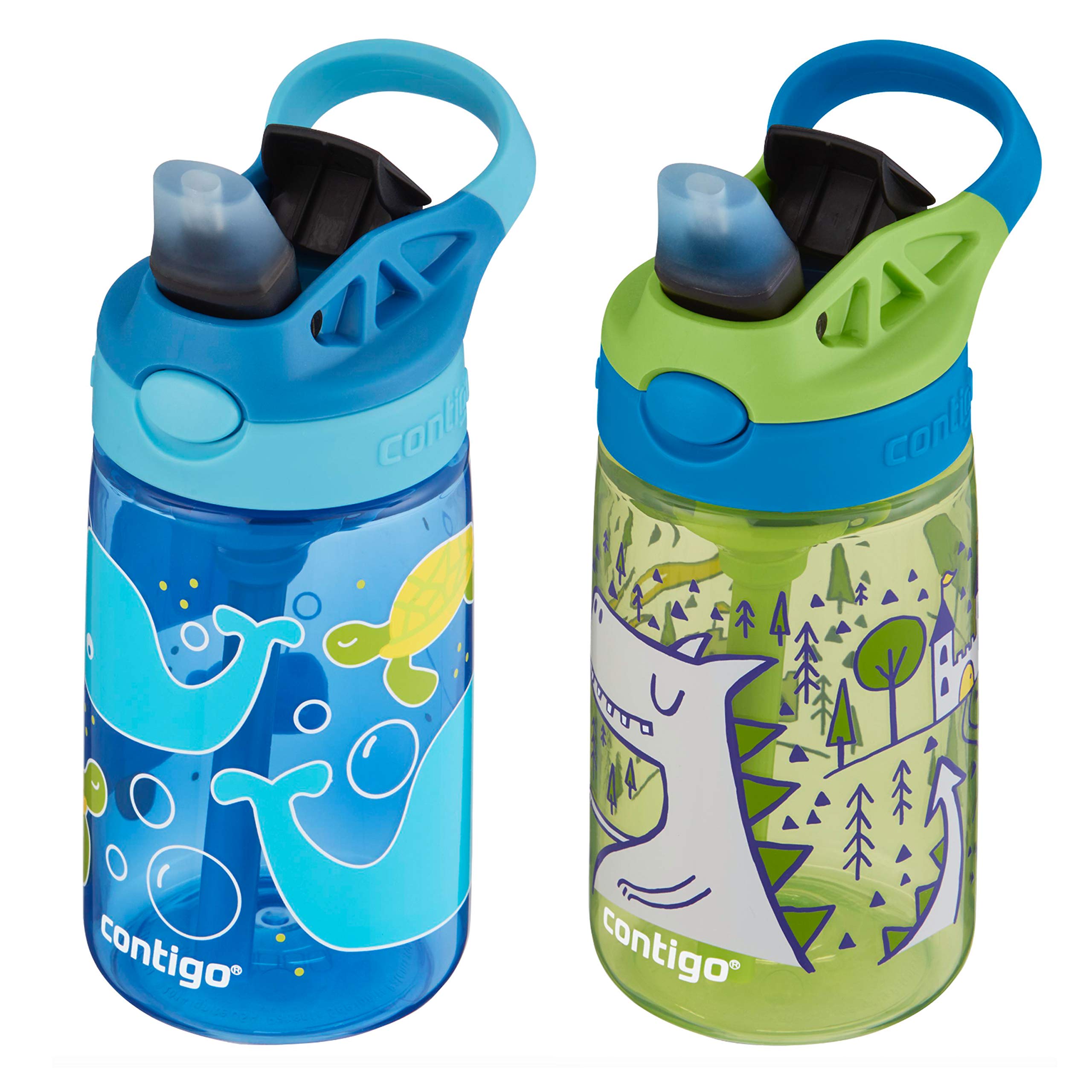 Contigo Aubrey Kids Water Bottle with Silicone Straw and Spill-Proof Lid, 14 oz, 2 Pack, Whales & Dragon