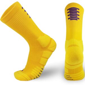 keskale elite basketball socks, cushion crew athletic sport compression socks for men women youth, yellow-1 pair, medium-large