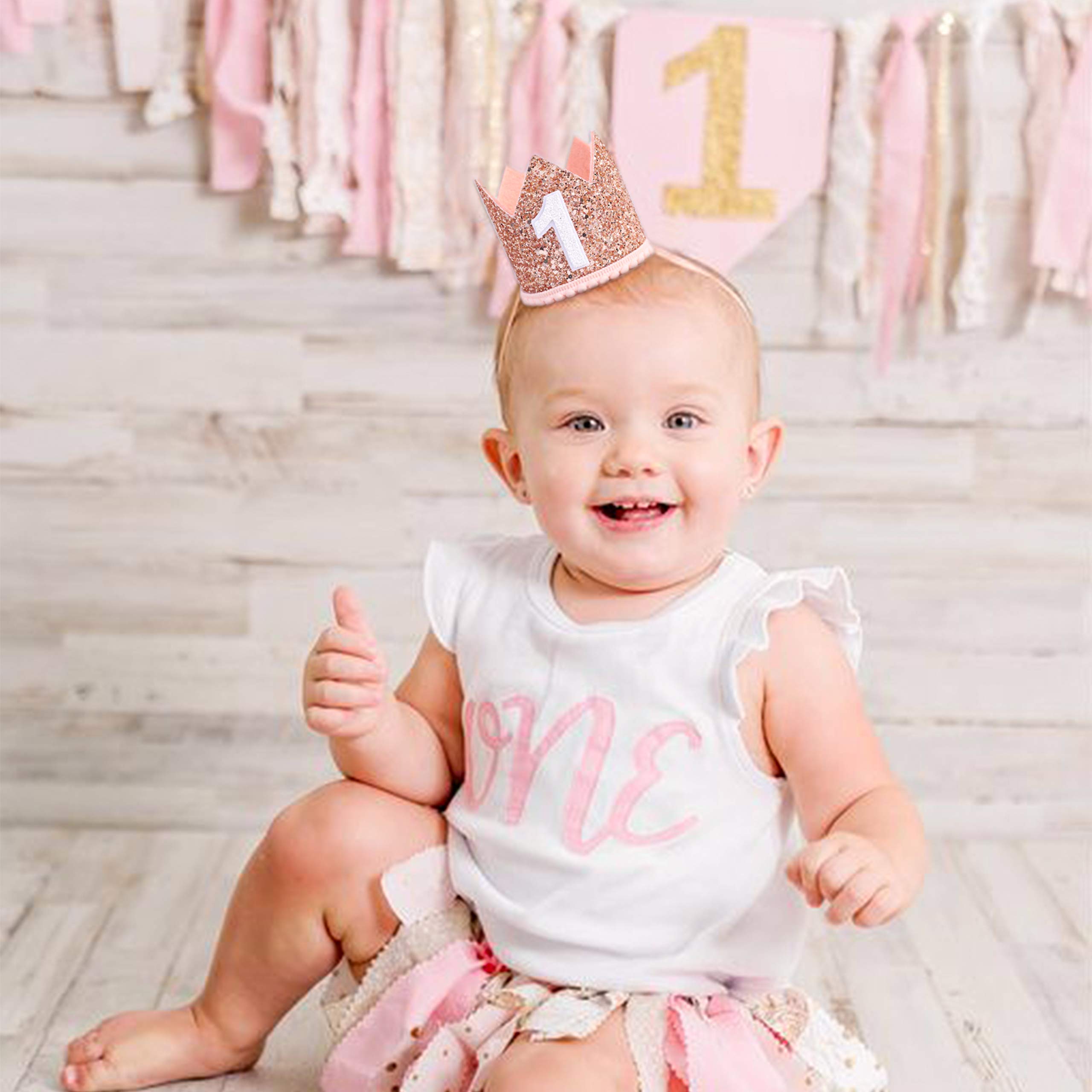 Glitter Birthday Crown - Photo Booth Props, Party Hat for Baby's 1st Birthday (Pink and Gold)