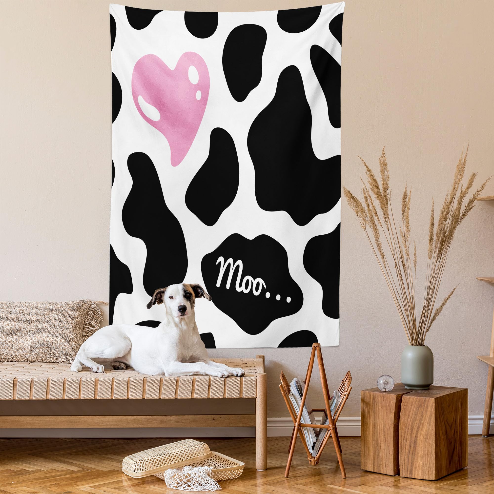 Ambesonne Cow Print Tapestry Twin Size, Camouflage Hide Skin Pattern in Pastel Color Shades Heart Shape Moo, Wall Hanging Bedspread Bed Cover Wall Decor, Twin Size, Pink Black White