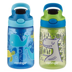 contigo aubrey kids water bottle with silicone straw and spill-proof lid, 14 oz, 2 pack, whales & dragon