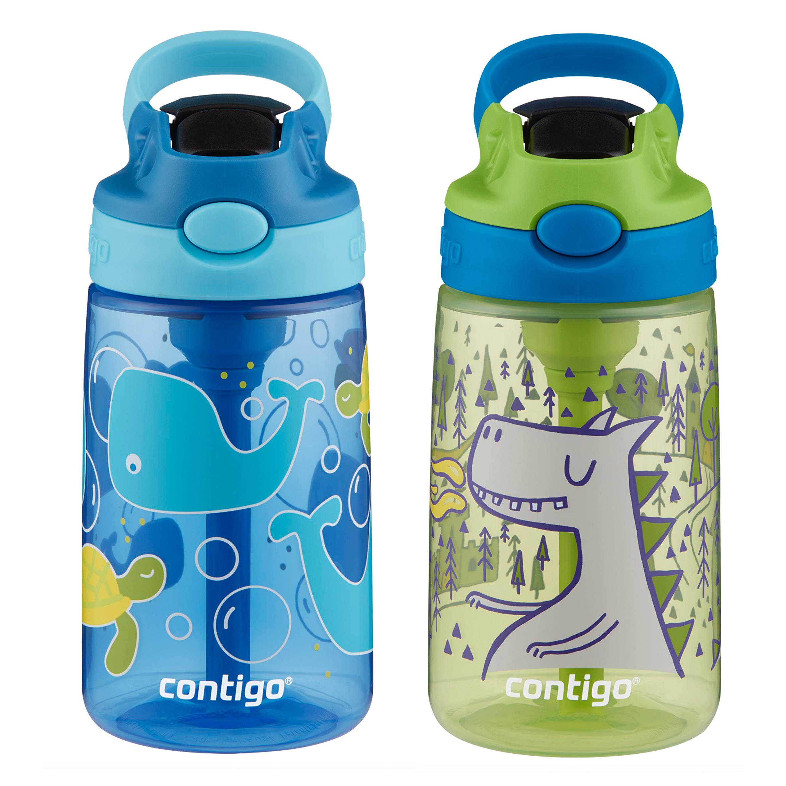 Contigo Aubrey Kids Water Bottle with Silicone Straw and Spill-Proof Lid, 14 oz, 2 Pack, Whales & Dragon