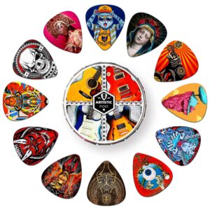 Guitar Picks,24 Pack Celluloid Thin, Medium, Heavy & Extra Heavy Picks with Tin Box,Unique Artistic Variety Pack Guitar Pick for Acoustic Guitar,Bass Guitar, Electric Guitar (Mix three)