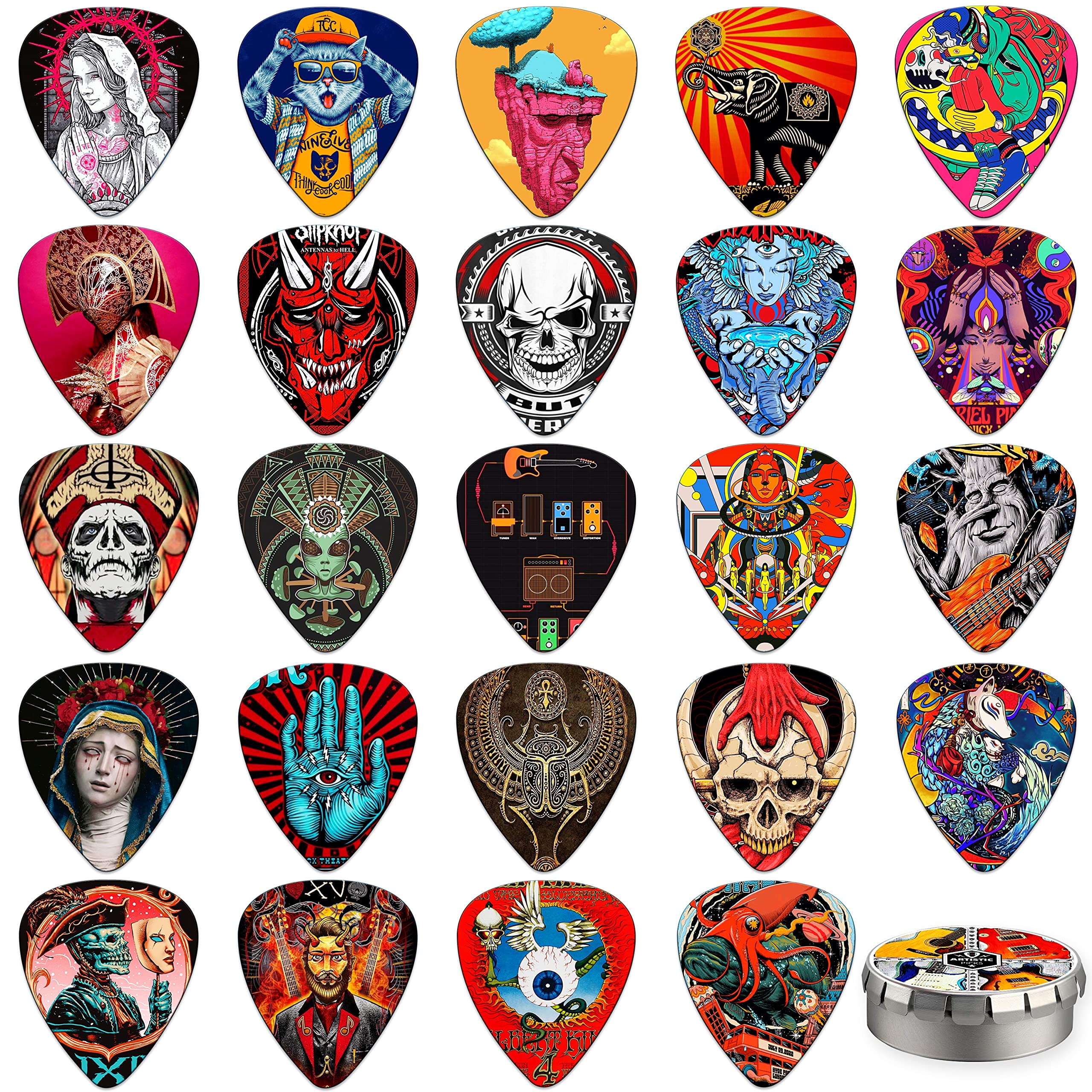 Guitar Picks,24 Pack Celluloid Thin, Medium, Heavy & Extra Heavy Picks with Tin Box,Unique Artistic Variety Pack Guitar Pick for Acoustic Guitar,Bass Guitar, Electric Guitar (Mix three)