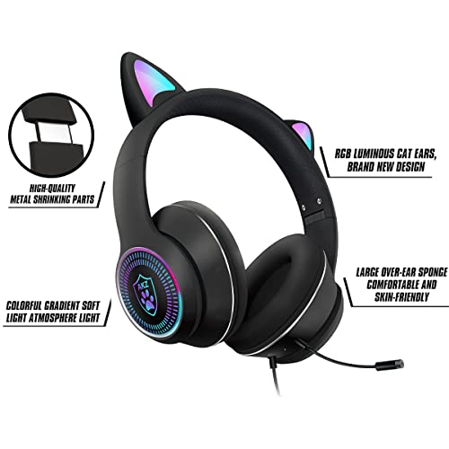 VIGROS Cat Ear Gaming Headphones Wired AUX 3.5mm LED Light, Noise Canceling Game Headphones Stereo Foldable Over-Ear Headsets with Microphone Fit Girls, Kids for PC, PS4, Switch, Xbox, Mobile, Laptop