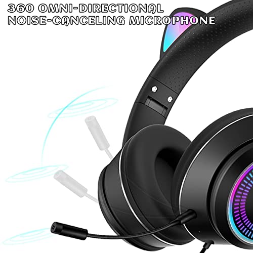 VIGROS Cat Ear Gaming Headphones Wired AUX 3.5mm LED Light, Noise Canceling Game Headphones Stereo Foldable Over-Ear Headsets with Microphone Fit Girls, Kids for PC, PS4, Switch, Xbox, Mobile, Laptop