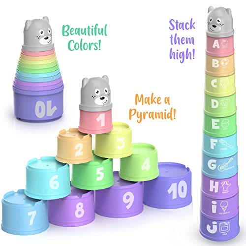 Stacking Cups Toy for Toddler Plus Bonus Squirting Baby Bath Toy & Bear Head Shaker with Numbers, Letters, Patterns, Fun Educational Toys for 6 Months +, 1 2 3 Years