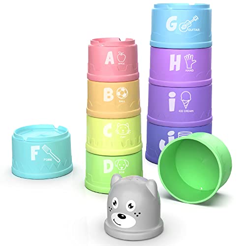 Stacking Cups Toy for Toddler Plus Bonus Squirting Baby Bath Toy & Bear Head Shaker with Numbers, Letters, Patterns, Fun Educational Toys for 6 Months +, 1 2 3 Years