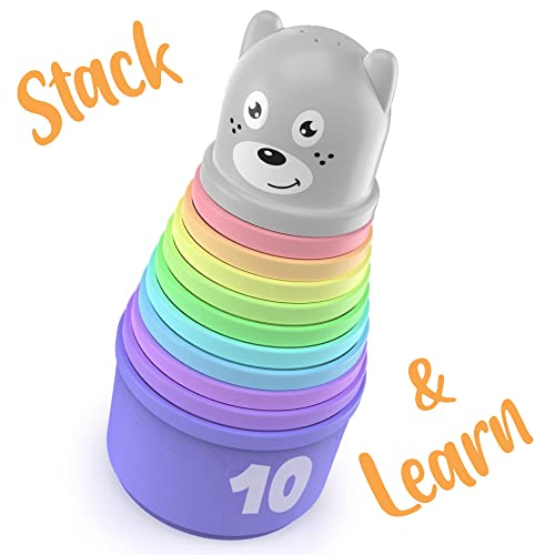 Stacking Cups Toy for Toddler Plus Bonus Squirting Baby Bath Toy & Bear Head Shaker with Numbers, Letters, Patterns, Fun Educational Toys for 6 Months +, 1 2 3 Years