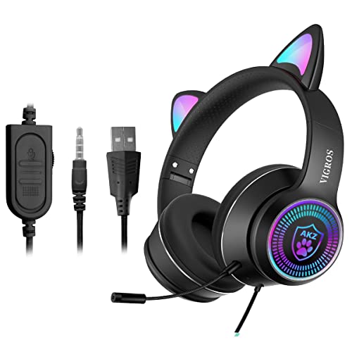 VIGROS Cat Ear Gaming Headphones Wired AUX 3.5mm LED Light, Noise Canceling Game Headphones Stereo Foldable Over-Ear Headsets with Microphone Fit Girls, Kids for PC, PS4, Switch, Xbox, Mobile, Laptop