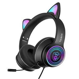 VIGROS Cat Ear Gaming Headphones Wired AUX 3.5mm LED Light, Noise Canceling Game Headphones Stereo Foldable Over-Ear Headsets with Microphone Fit Girls, Kids for PC, PS4, Switch, Xbox, Mobile, Laptop