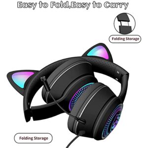 VIGROS Cat Ear Gaming Headphones Wired AUX 3.5mm LED Light, Noise Canceling Game Headphones Stereo Foldable Over-Ear Headsets with Microphone Fit Girls, Kids for PC, PS4, Switch, Xbox, Mobile, Laptop