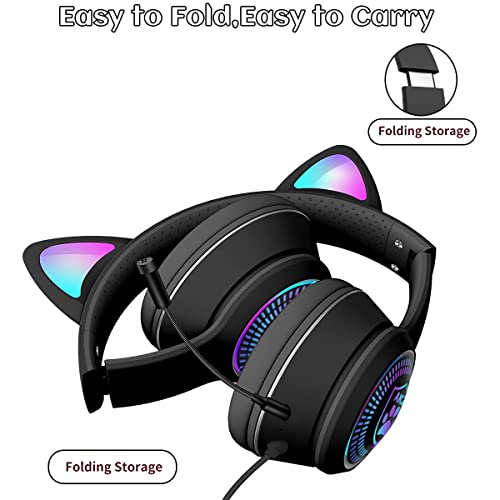 VIGROS Cat Ear Gaming Headphones Wired AUX 3.5mm LED Light, Noise Canceling Game Headphones Stereo Foldable Over-Ear Headsets with Microphone Fit Girls, Kids for PC, PS4, Switch, Xbox, Mobile, Laptop