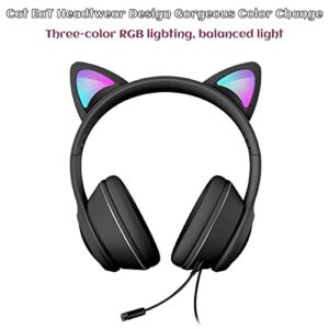 VIGROS Cat Ear Gaming Headphones Wired AUX 3.5mm LED Light, Noise Canceling Game Headphones Stereo Foldable Over-Ear Headsets with Microphone Fit Girls, Kids for PC, PS4, Switch, Xbox, Mobile, Laptop