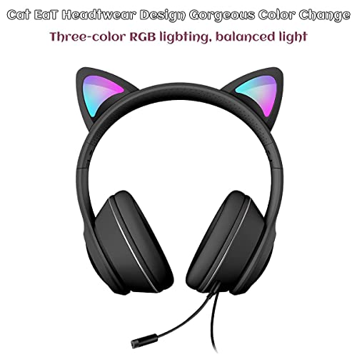 VIGROS Cat Ear Gaming Headphones Wired AUX 3.5mm LED Light, Noise Canceling Game Headphones Stereo Foldable Over-Ear Headsets with Microphone Fit Girls, Kids for PC, PS4, Switch, Xbox, Mobile, Laptop