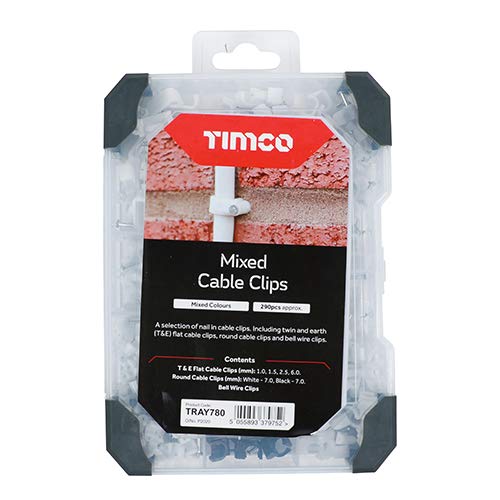 TIMCO Cable Clips Mixed Tray - 290pcs - Including twin and earth (T&E) flat cable clips, round cable clips and bell wire clips.