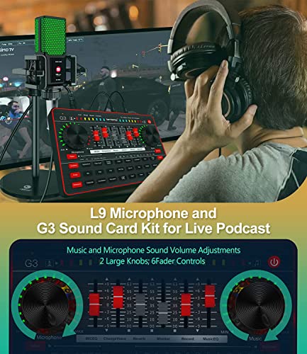 Podcast Equipment Bundle Audio Interface DJ Mixer Sound Card Kit XLR Condenser Microphone for Boradcast Live Streaming, Mic Voice Effect Changer Soundboard for Phone/PC/Laptop/Mac Recording(KB11-E300)