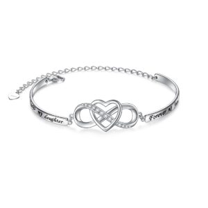 925 Sterling Silver Infinity Love Heart Bracelet With Inspirational Message for Daughter from Mother Father, Adjustable Length Bangle Bracelets Daughter Jewelry for Women